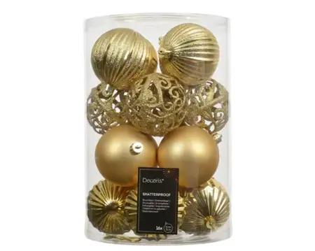 Decoris kerstbal set plastic | 16 stuks | 8 centimeter | goud - afbeelding 1