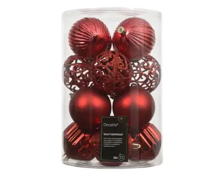 Decoris kerstbal set plastic | 16 stuks | 8 centimeter | kerstrood - afbeelding 1
