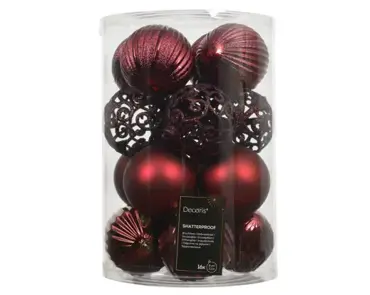 Decoris kerstbal set plastic | 16 stuks |8 centimeter | ossenbloed - afbeelding 1
