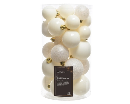 Decoris kerstbal set plastic | 30 stuks | 4-5-6 centimeter | wolwit - afbeelding 1