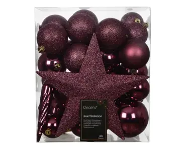 Decoris kerstbal set plastic | 33 stuks | 8 centimeter | donker roze - afbeelding 1