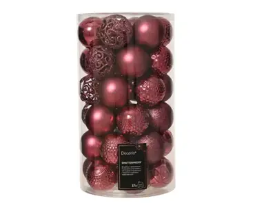 Decoris kerstbal set plastic | 37 stuks | 6 centimeter | donker roze - afbeelding 1