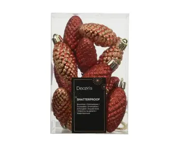 Decoris kerstbal set plastic dennenappel | 12 stuks | 14x9 centimeter | rood - afbeelding 1