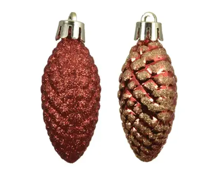 Decoris kerstbal set plastic dennenappel | 12 stuks | 14x9 centimeter | rood - afbeelding 2