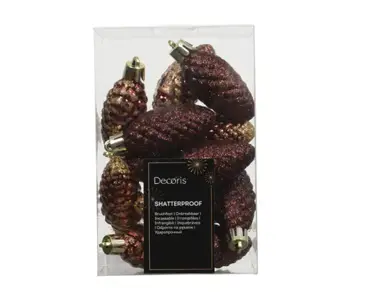 Decoris kerstbal set plastic dennenappel | 12 stuks | 9x14 centimeter | ossenbloed - afbeelding 1