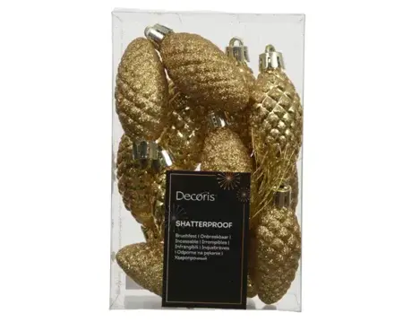 Decoris kerstbal set plastic dennenappel | 12 stuks | 9x14 centimeter | goud - afbeelding 1