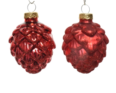 Decoris kerstballen set glas dennenappels | 6 stuks | 5x7 centimeter | kerstrood - afbeelding 2