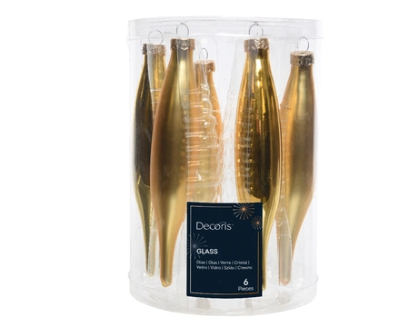 Decoris kerstballen set ijspegel glas | 6 stuks | 15 centimeter | licht goud