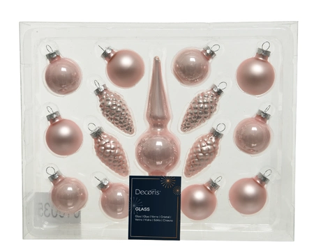 Decoris kerstballen set met piek glas | 15 stuks | poederroze