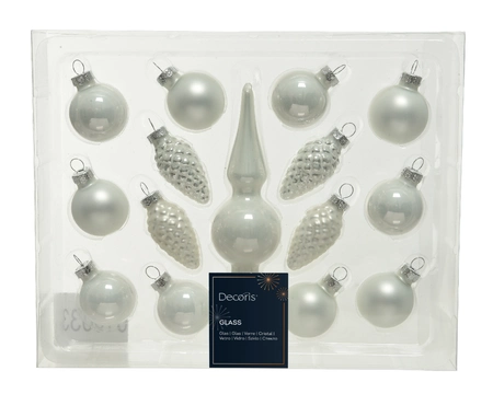 Decoris kerstballen set met piek glas | 15 stuks | winterwit