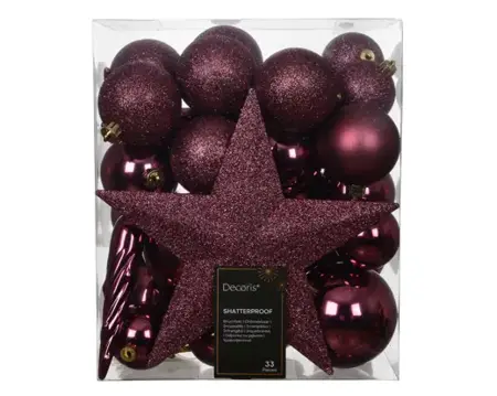 Decoris kerstballen set plastic 8cm donker roze 33st - afbeelding 1