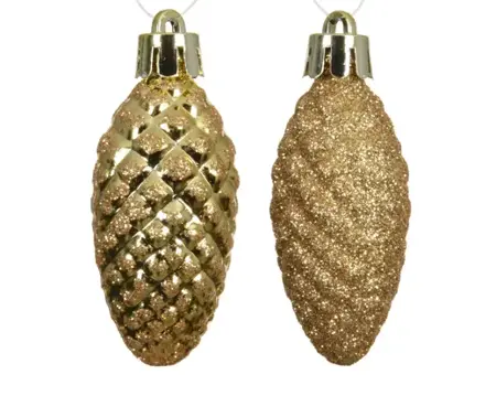 Decoris kerstballen set plastic dennenappel 9x14cm goud 12st - afbeelding 2