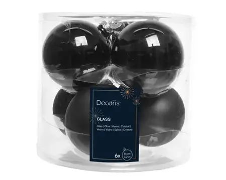 Decoris kerstbalmix glas d8cm 6st zwart - afbeelding 1