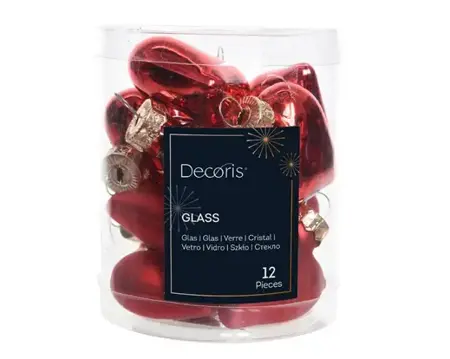 Decoris kersthangers glas hart 12st kerstrood - afbeelding 1
