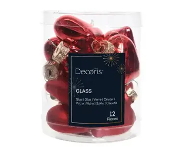 Decoris kersthangers glas hart 12st kerstrood - afbeelding 1