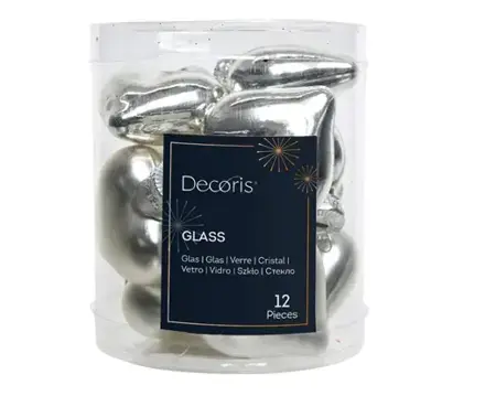 Decoris kersthangers glas hart 12st zilver - afbeelding 1