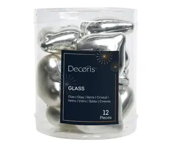 Decoris kersthangers glas hart 12st zilver - afbeelding 1