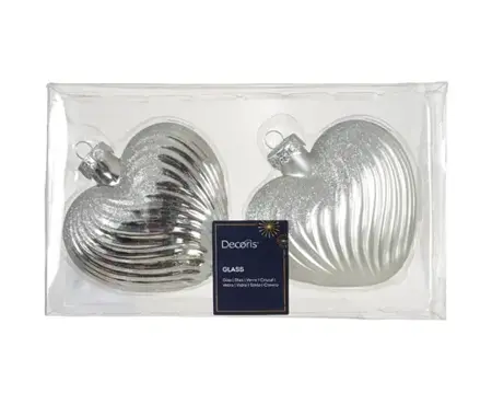 Decoris kersthangers glas hart | 2 stuks | zilver