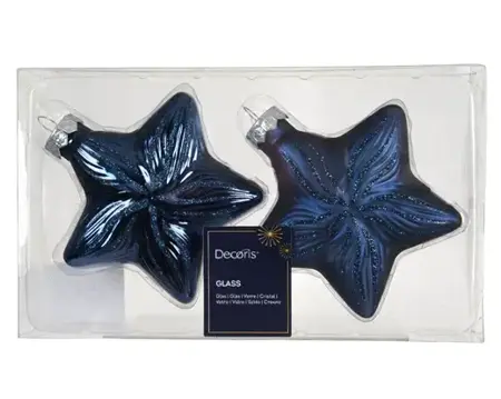 Decoris kersthangers glas ster 2st nachtblauw - afbeelding 1