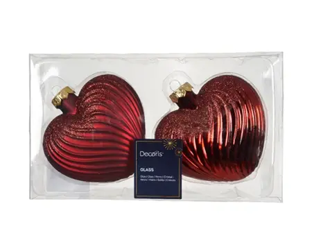 Decoris kersthangers set glas hart | 2 stuks | ossenbloed