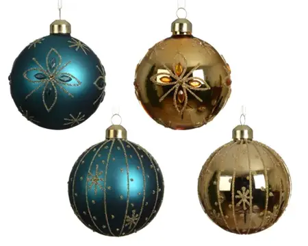 Kerstbal glas 8cm blauw/goud - assortiment