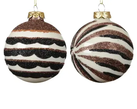 Kerstbal glas 8cm wit/bruin/zwart - assortiment