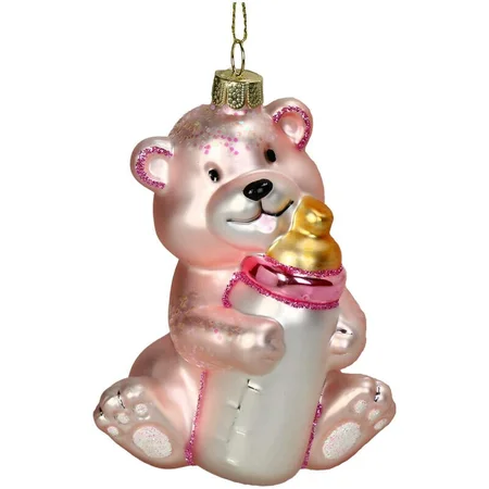 Kersten Ornament Geboorte teddy glas roze 11.4cm - afbeelding 1