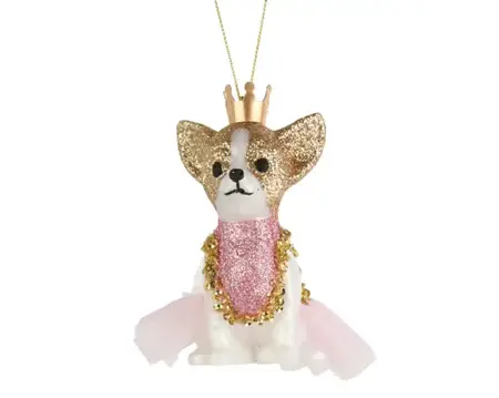 Kersthanger plastic hond met kroon 6.2x3.8x10.6xcm roze/goud
