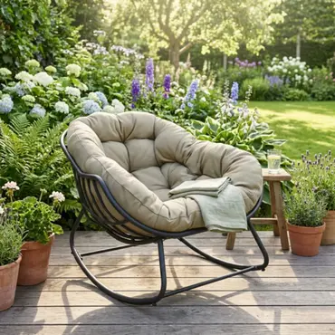 Lounge- schommelstoel Rocking Grijs Frame Creme kussen - afbeelding 2