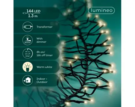 Lumineo cluster kerstverlichting | 144 LED | 1.3 meter | warm wit - afbeelding 2