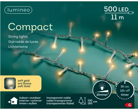Lumineo compact kerstverlichting | 500 LED | 11 meter | soft gold - afbeelding 1