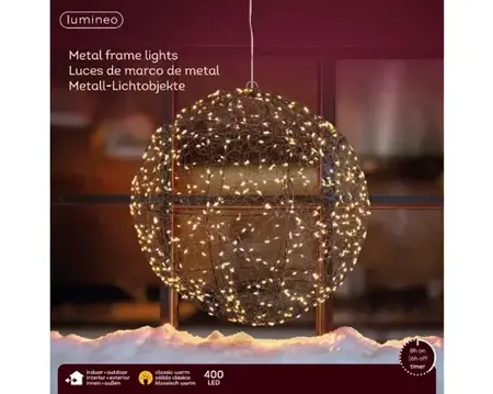 Lumineo micro led bal frame d28cm-400l zwart/klassiek warm - afbeelding 1