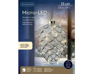 Lumineo microled dennenappel 15cm helder/warm wit - afbeelding 1