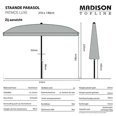 Parasol Patmos De Luxe Rechthoek 210x140cm - Licht Grijs* - afbeelding 4