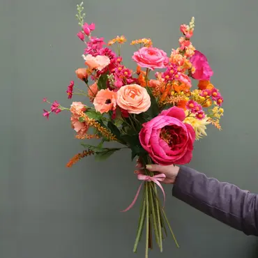 Zijden Kunstboeket Roze Geel Oranje zonder vaas