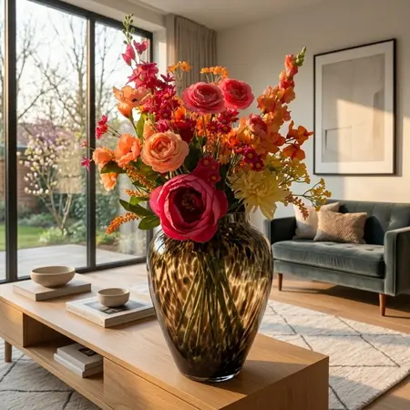 Zijden Kunstboeket Roze Geel Oranje in woonkamer