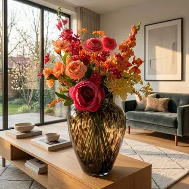 Zijden Kunstboeket Roze Geel Oranje in woonkamer